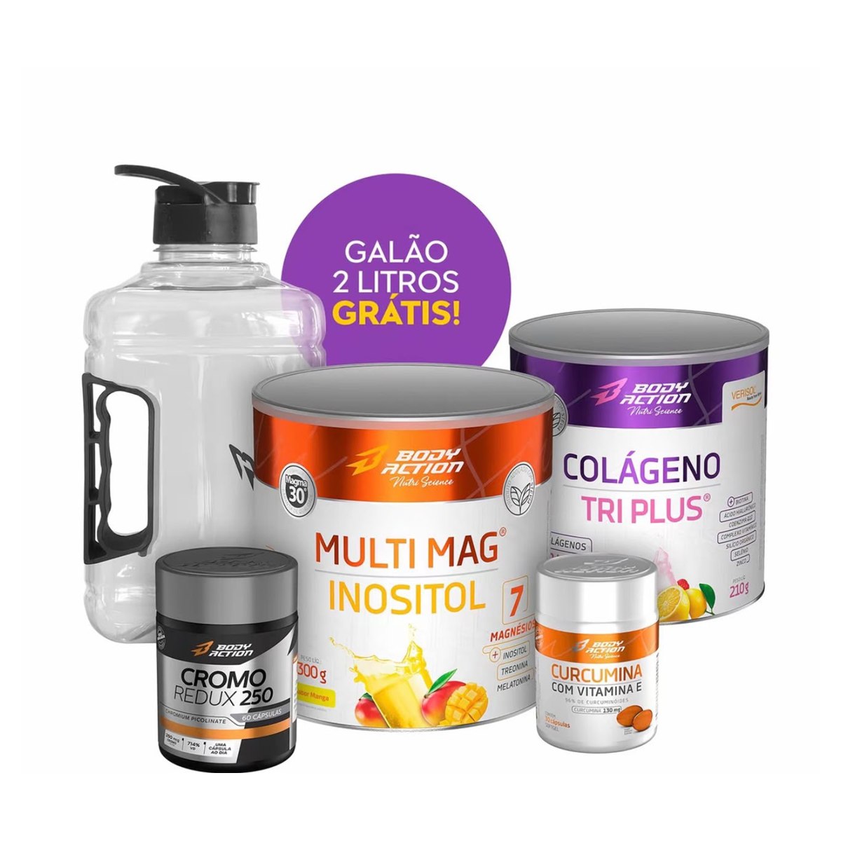 Combo completo: Multi Mag Inositol, Colágeno Tri Plus e Curcumina com Vitamina E, com Cromo Redux 250 e galão de 2 litros de brinde